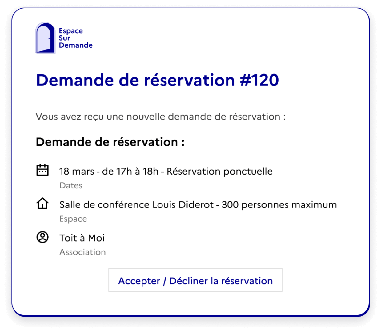 Prévisualisation d’une demande de réservation sur la plateforme gratuite de réservation de salles Espace sur Demande